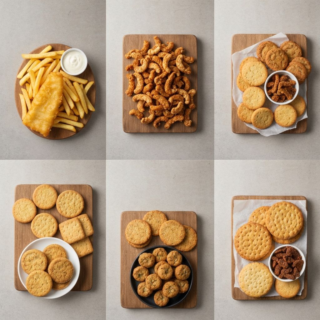 Multiple side-by-side snack arrangements on wooden surface showing various UK snacks and whole-food alternatives