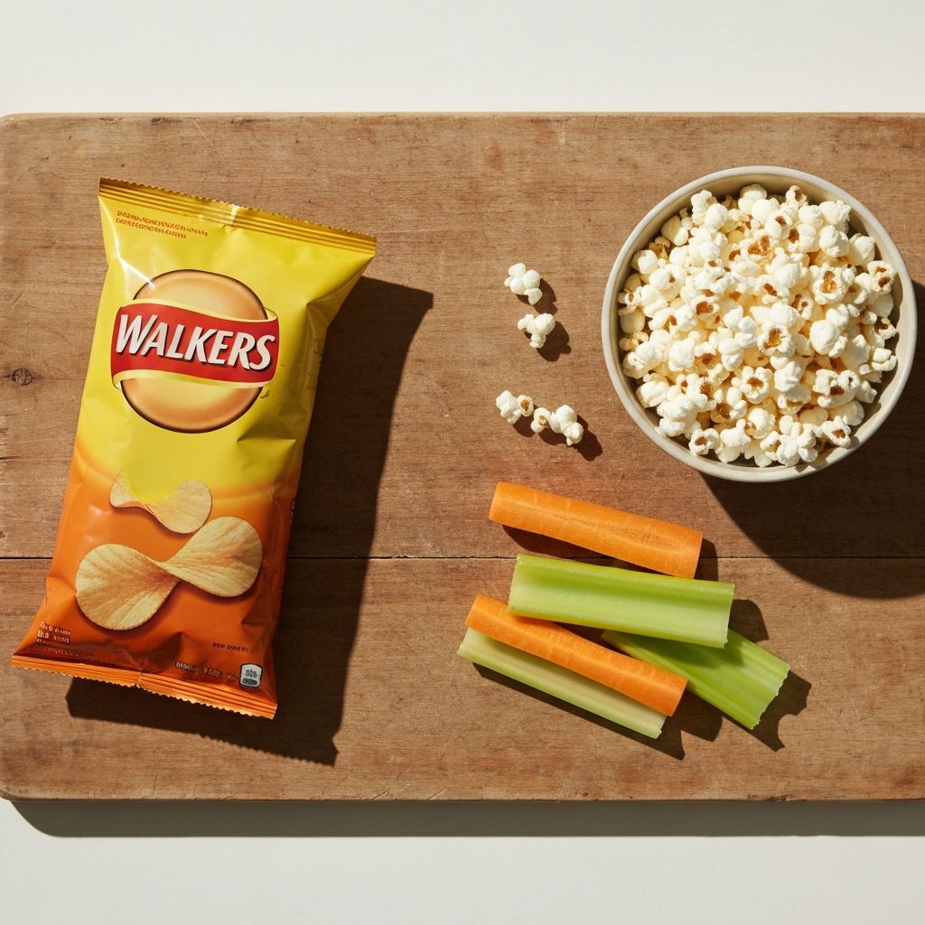 Walkers crisps beside carrot sticks and plain popcorn