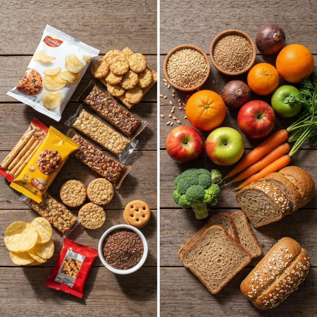 Processed packaged snacks beside minimally processed whole foods showing texture differences