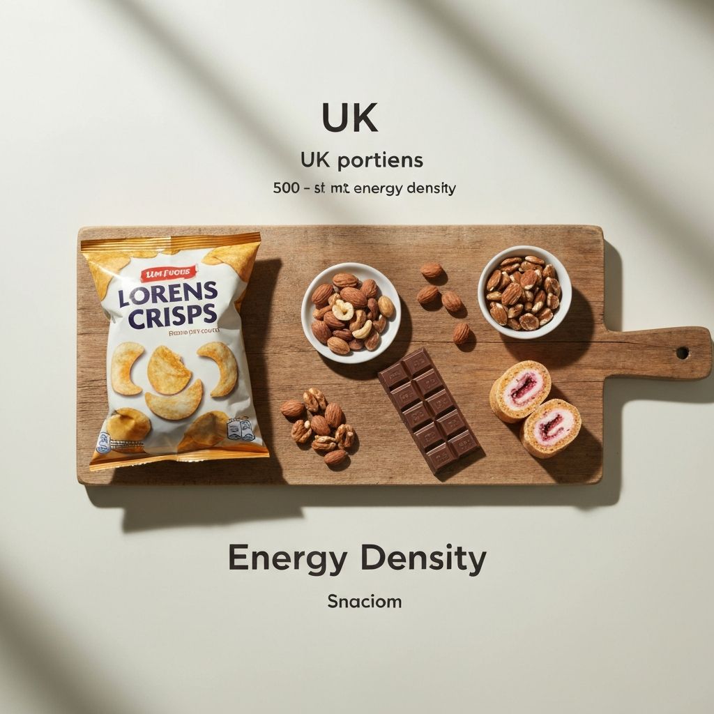 Different snack portions arranged by energy density on wooden board