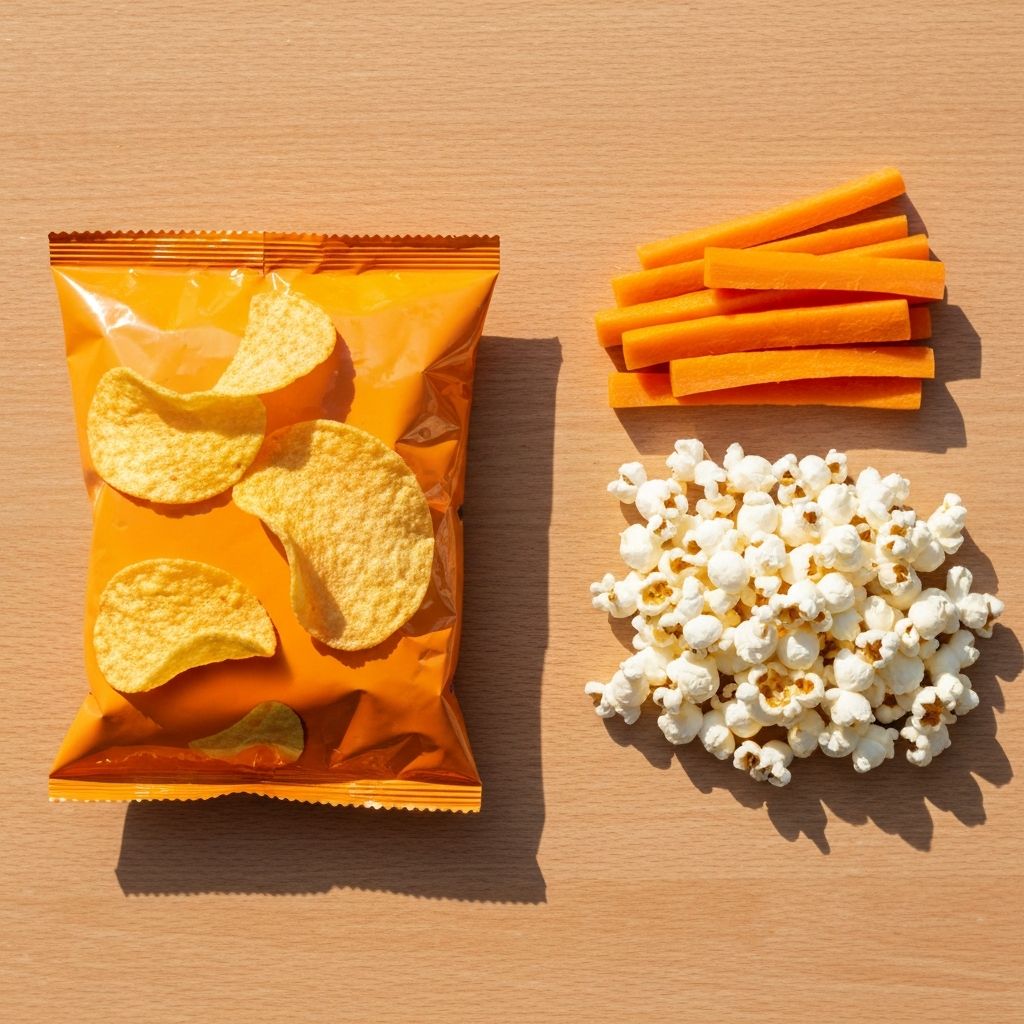 Crisps packet beside carrot sticks and plain popcorn