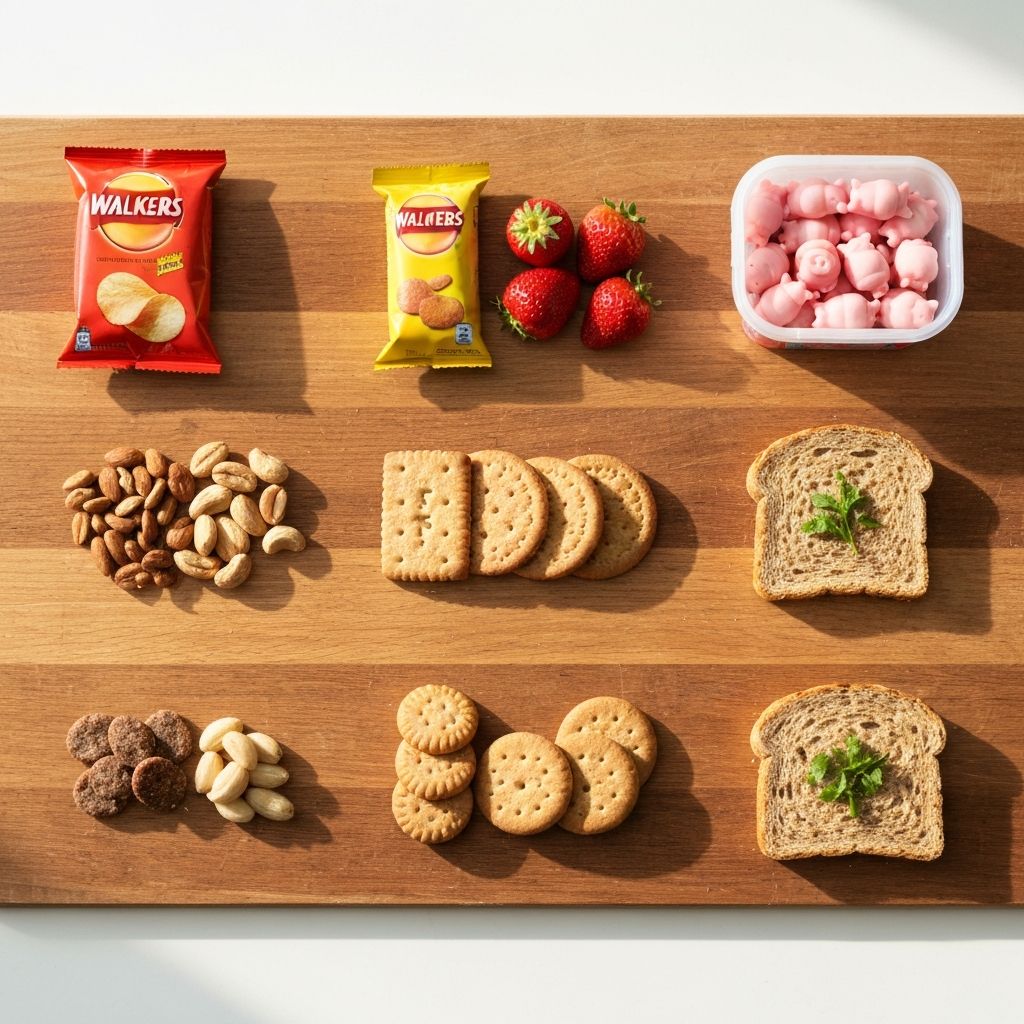 Multiple side-by-side snack arrangements showing various UK snacks and alternatives